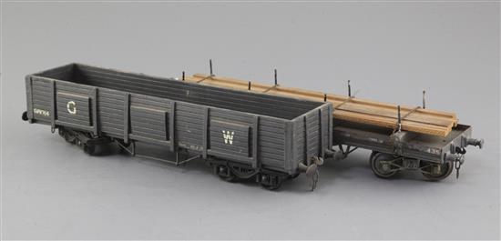 A set of two: LMS flat bogie wagon No 435 and GWR 7 plank wagon No 98014